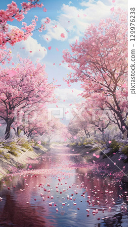 Cherry blossoms appearing on the surface of the water 129976238