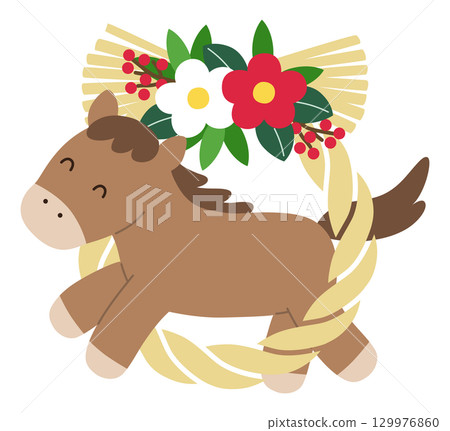 A vector illustration of a cute New Year's decoration of a horse and a shimenawa rope for the Year of the Horse in 2026. New Year's card, zodiac, zodiac sign A vector illustration of a cute New Year's decoration of a horse and a shimenawa rope for the Year of the Horse in 2026. New Year's card, zodiac, zodiac sign 129976860