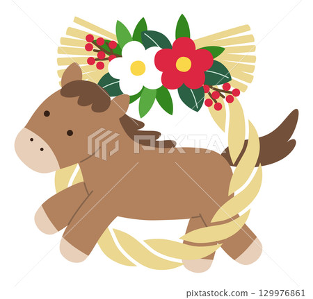 A vector illustration of a cute New Year's decoration of a horse and a shimenawa rope for the Year of the Horse in 2026. New Year's card, zodiac, zodiac sign A vector illustration of a cute New Year's decoration of a horse and a shimenawa rope for the Year of the Horse in 2026. New Year's card, zodiac, zodiac sign 129976861