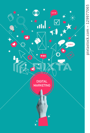 Set of icons for digital marketing strategy. Branding, website development, advertising, social media marketing, content management. Concept of social media marketing development. AD poster 129977065