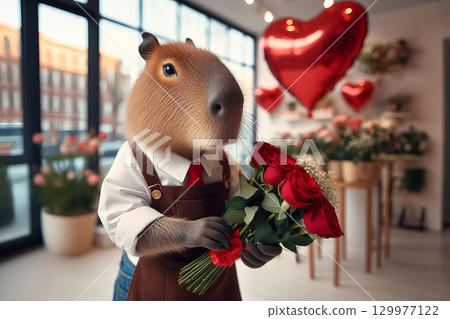 capybara holding bouquet of red roses in flower shop. florist shop in background, blurred heart shape red foil balloons, Valentines Day and love concept. for poster and promotion  129977122