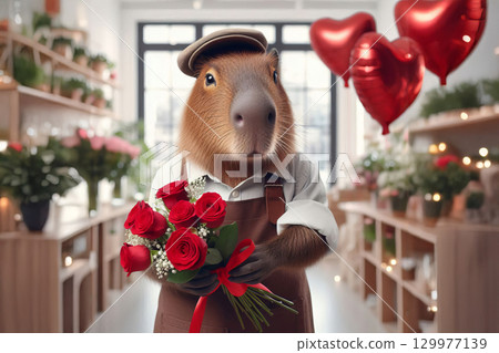 Capybara character in apron with bouquet of red roses. Romantic Valentines Day and love theme. looking at camera, blurred florist shop in background, heart shape red foil balloons, flower service  129977139