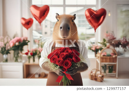capybara holding bouquet of red roses with ribbon, looking at camera, wearing brown apron and white shirt, blurred florist shop in background, heart shape red foil balloons, Valentines Day concept. 129977157