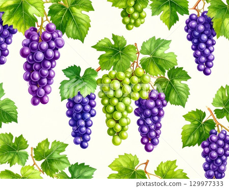 交替排列的紫色和綠色葡萄串，淺色背景，無縫圖案 129977333