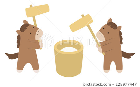 Vector illustration of a horse pounding rice cakes. 2026, Year of the Horse, New Year's card, New Year, zodiac sign 129977447