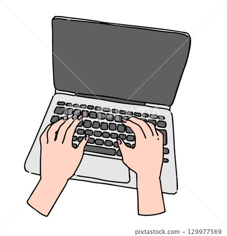 Handwritten illustration of a hand typing on a keyboard, business, rough, work, computer 129977569