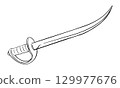 Curved arabian sword. Cold weapon. Pirate saber vector sketch. Corsair broadsword with a narrow blade. Linear drawing on a white background. 129977676