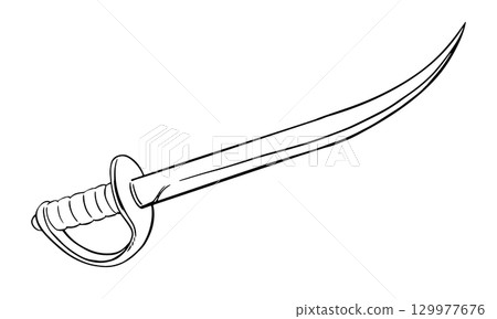 Curved arabian sword. Cold weapon. Pirate saber vector sketch. Corsair broadsword with a narrow blade. Linear drawing on a white background. 129977676