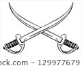 Two crossed curved arabic sword. Cold weapon. Vector sketch of pirate sabre in engraving technique. Corsair's broadsword with a narrow blade. Linear drawing on white background. Imitation of engraving 129977679