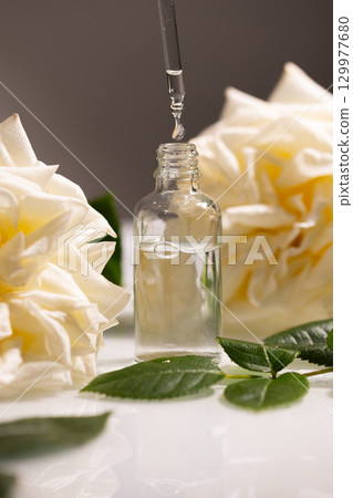 Rose Oil Dropper Beside White Roses and Leaves for Natural Beauty Care 129977680