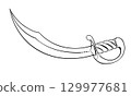 Curved vector silhouette of arabian sword. Cold weapon. Pirate cutlass. Corsair's broadsword with a wide blade. Linear drawing on a white background. 129977681