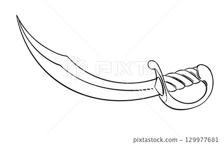 Curved vector silhouette of arabian sword. Cold weapon. Pirate cutlass. Corsair's broadsword with a wide blade. Linear drawing on a white background. Curved vector silhouette of arabian sword. Cold weapon. Pirate cutlass. Corsair's broadsword with a wide blade. Linear drawing on a white background. 129977681