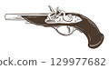 Ancient musket with wooden handle. Sketch of flintlock rifle. Weapon of pirates and filibusters. Hand drawn sketch, vintage vector illustration. Dueling pistol. Imitation of engraving technique. 129977682