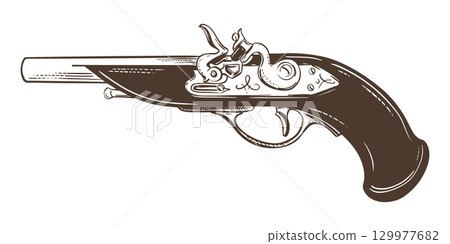 Ancient musket with wooden handle. Sketch of flintlock rifle. Weapon of pirates and filibusters. Hand drawn sketch, vintage vector illustration. Dueling pistol. Imitation of engraving technique. Ancient musket with wooden handle. Sketch of flintlock rifle. Weapon of pirates and filibusters. Hand drawn sketch, vintage vector illustration. Dueling pistol. Imitation of engraving technique. 129977682