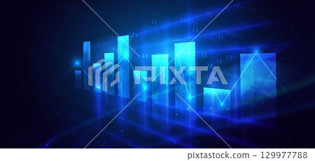 Finance chart stock market growth glowing light effect on dark blue background. 129977788