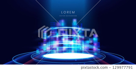 Smart city night skyscrapers on dark blue background. Technology connection data communication city concept. 129977791