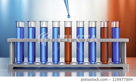 Colorful liquids are being mixed in test tubes in a laboratory setting with a scientific atmosphere and vibrant backdrop 129977804