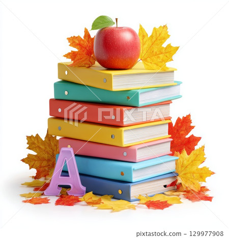 Colorful stack of binders with red apple and autumn leaves on a white background 129977908
