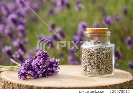 Glass Jar Filled with Dried Lavender and Fresh Lavender Flowers Outdoors Glass Jar Filled with Dried Lavender and Fresh Lavender Flowers Outdoors 129978013