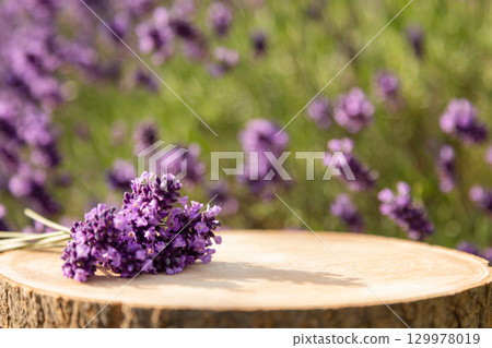 Bouquet of lavender on a stump on a sunny day. Lavender bushes. Lavender Bouquet of lavender on a stump on a sunny day. Lavender bushes. Lavender 129978019