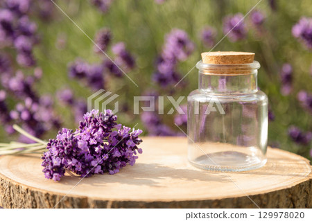 Bouquet of lavender on stump. Glass jar with cork and lavender. Lavender bushes. Lavender background 129978020