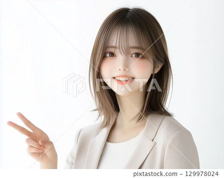 A smiling young woman making a peace sign. A businesswoman in a suit A smiling young woman making a peace sign. A businesswoman in a suit 129978024
