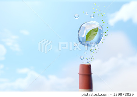 Concept of carbon neutral and decarbonized society. Factory chimneys emitting foam with leaves. Concept of carbon neutral and decarbonized society. Factory chimneys emitting foam with leaves. 129978029