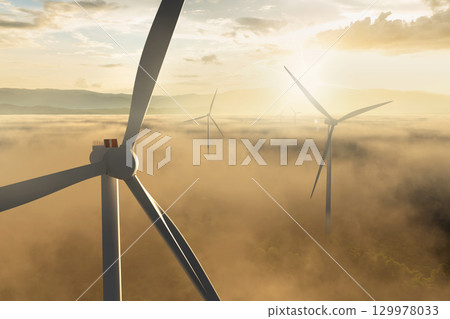 Future Energy: Wind Power Generation and a Beautiful Morning Scene Wrapped in Mist 129978033