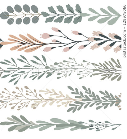 Vector set of seamless scandinavian borders with twigs isolated from background. Nature collection of horizontal friezes with leaves in pastel colors 129978066