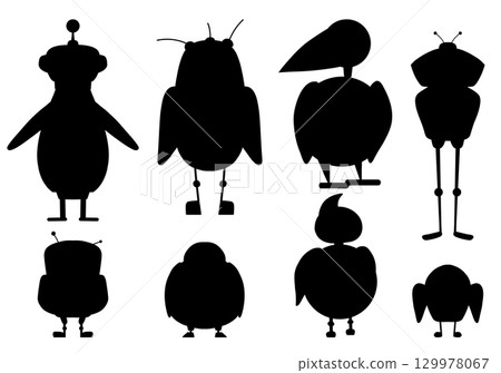 Vector set of black shadow cartoon robot birds. Collection of silhouettes of birds clip art automatons. Future pets. 129978067
