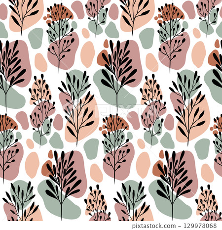 Vector seamless pattern with abstract leaves and organic shapes. Modern botanical design in flat style. Vector seamless pattern with abstract leaves and organic shapes. Modern botanical design in flat style. 129978068