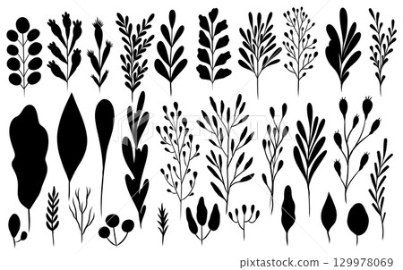 Scandinavian minimalistic botanical vector set of black silhouette of simple geometric leaves and branches, twigs, hand-drawn clean style. Scandinavian minimalistic botanical vector set of black silhouette of simple geometric leaves and branches, twigs, hand-drawn clean style. 129978069