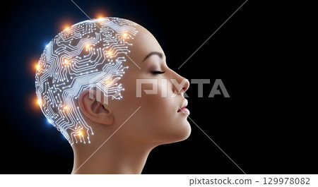 An artistic representation of ai technology on a woman's head, with a glowing circuit design. 129978082