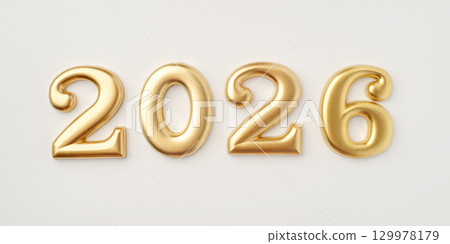 Metal numbers 2026 on a white table. Happy New Year 2026 is coming concept. 129978179