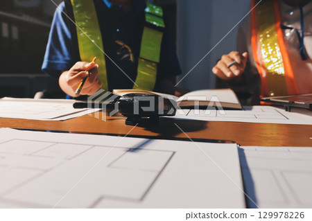 Closeup of team of industrial engineers meeting analyze machinery blueprints consult project on table in manufacturing factory. Working in manufacturing plant or production plant. 129978226
