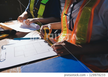 Closeup of team of industrial engineers meeting analyze machinery blueprints consult project on table in manufacturing factory. Working in manufacturing plant or production plant. 129978233