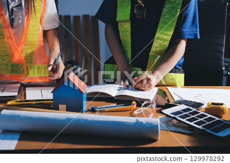 Closeup of team of industrial engineers meeting analyze machinery blueprints consult project on table in manufacturing factory. Working in manufacturing plant or production plant. Closeup of team of industrial engineers meeting analyze machinery blueprints consult project on table in manufacturing factory. Working in manufacturing plant or production plant. 129978292