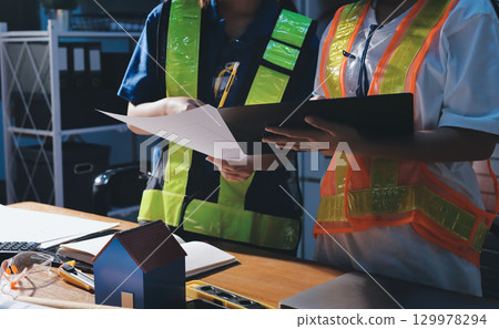 Closeup of team of industrial engineers meeting analyze machinery blueprints consult project on table in manufacturing factory. Working in manufacturing plant or production plant. 129978294