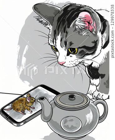 Curious Cat and Virtual Mouse: A whimsical scene featuring an inquisitive cat 129978338