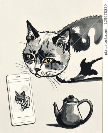 Curious Cat and Virtual Mouse: A whimsical scene featuring an inquisitive cat Curious Cat and Virtual Mouse: A whimsical scene featuring an inquisitive cat 129978339