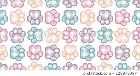 dog footprint seamless pattern cat paw pet tartan plaid vector puppy kitten bear cartoon doodle scarf isolated gift wrapping paper repeat wallpaper tile background illustration pastel design 129978387
