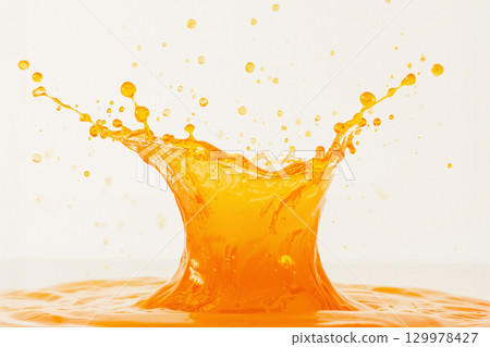 Dynamic splash of fresh orange juice with droplets frozen in mid-air. An energetic liquid motion concept isolated on a clean white background. 129978427