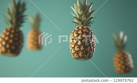 Floating pineapples against a teal background with a blurred effect. 129978762