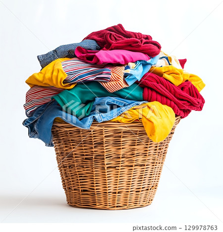 Pile of colorful clothes in a wicker laundry basket 129978763