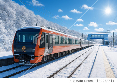 雪景、海裡、桑川車站停靠時的風景、道之站、日本海、村上市 129978814