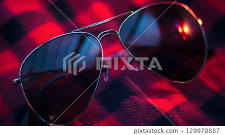 Close-up of a pair of sleek aviator sunglasses with glossy finish 129978887