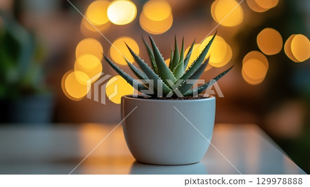 Close-up of a small succulent plant with soft bokeh lights 129978888