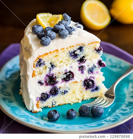 Blueberry cake slice topped with lemon and fresh whipped cream. 129978898