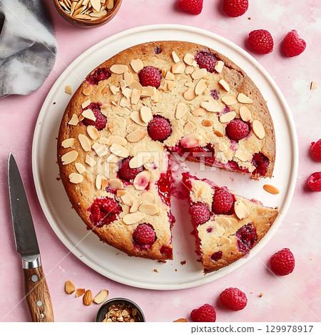 Raspberry almond cake with sliced almonds and fresh raspberries. Raspberry almond cake with sliced almonds and fresh raspberries. 129978917