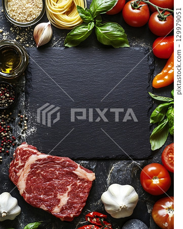Black Slate Background with Olive Oil, Garlic, and Pasta 129979051